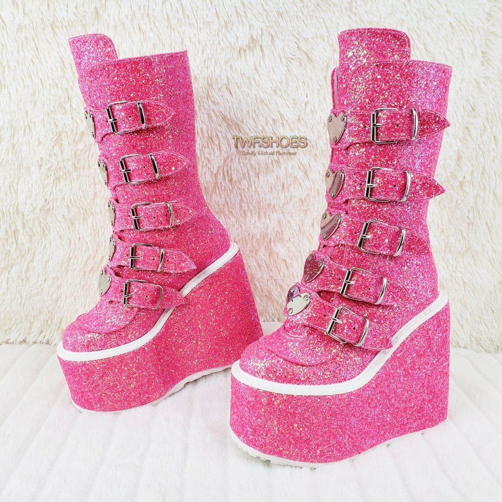 Swing Pink Cyber Punk Platform Glitter Heart Plate Boots